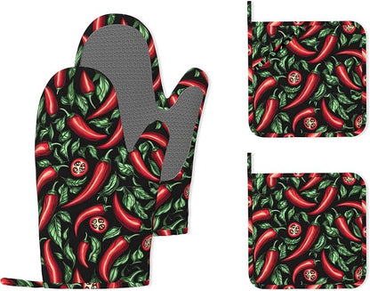 Red Chili Peppers Silicone Oven Mitts and Pot Holders, Heat-Resistant 4 Piece by Unknown