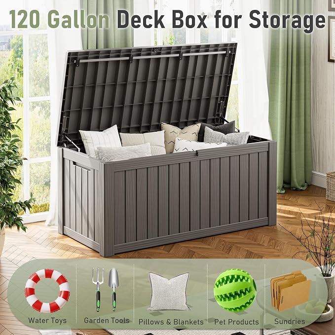 Outdoor Storage Box, 120 Gallon Deck Box, Resin Waterproof Outside Storage Bench - Image 4