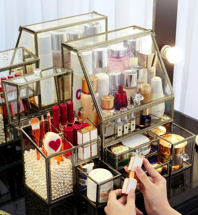 Hersoo Glass Antique Brass Stackable Drawer Set Makeup Organizer - Image 3