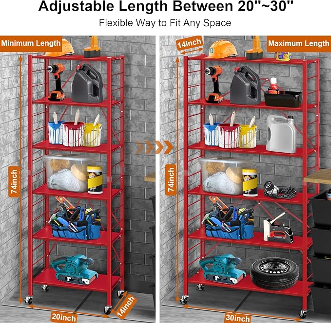 Himix 6-Tier Expandable Storage Shelves Wheels Foldable Rack Red No Assembly - Image 2