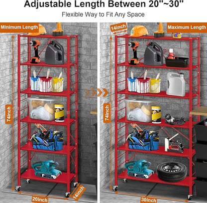 Himix 6-Tier Expandable Storage Shelves Wheels Foldable Rack Red No Assembly - Image 2