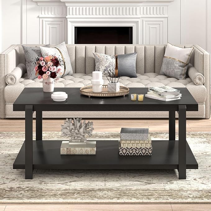 FOLUBAN Black Coffee Table, Modern Rustic Wood Center Table - Image 6