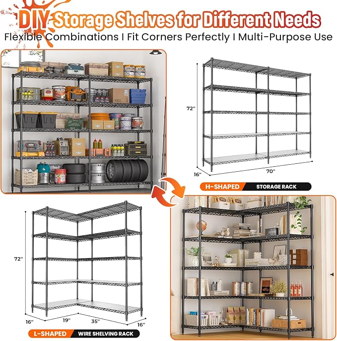 70" W Storage Shelves 1430 LBS Heavy Duty Wire Shelving, 5 Tier Adjustable - Image 4