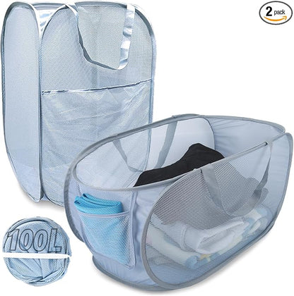 Extra Large Mesh Pop Up Laundry Hamper 2 Pack, 100L Foldable Laundry Baskets by NairSnow