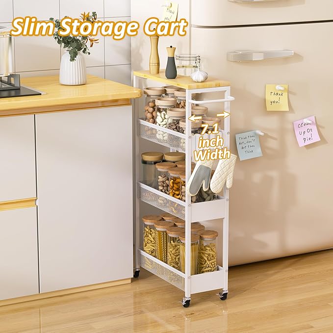 Vincona 7.1" Wide Slim Storage Cart on Wheels, 4 Tier Metal Narrow Rolling Cart - Image 2