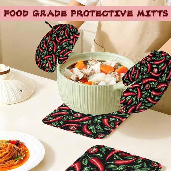 Red Chili Peppers Silicone Oven Mitts and Pot Holders, Heat-Resistant 4 Piece - Image 7