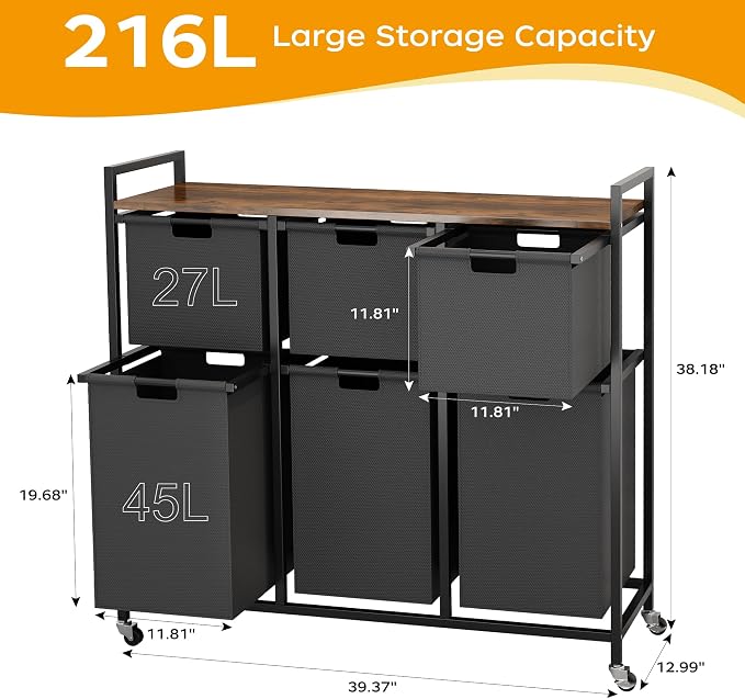 HOMEIJU Laundry Basket with Wheels, Rolling Laundry Hamper Organizer with Large - Image 3