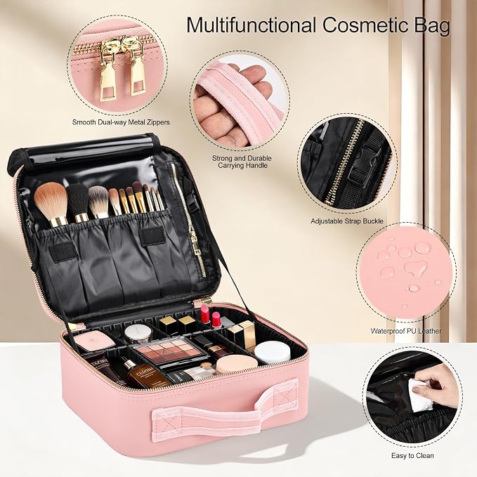 Travel Makeup Bag with Brush Holder, Professional Cosmetic Train Case Organizer - Image 3