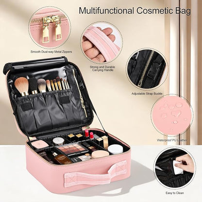 Travel Makeup Bag with Brush Holder, Professional Cosmetic Train Case Organizer - Image 3