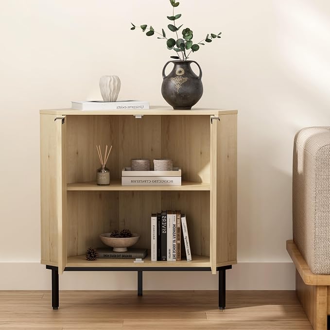 Modern Corner Cabinet, Fluted Wood Floor Storage Cabinet - Image 3