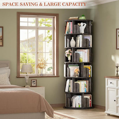Aheaplus 6 Tier Rotating Bookshelf, Wood Spinning Bookshelf Tower, Round - Image 5