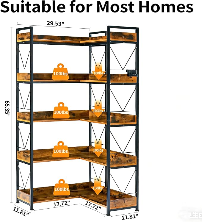 HealSmart 5 Tier L Shape Bookshelf, Industrial Wooden Bookcase - Image 2