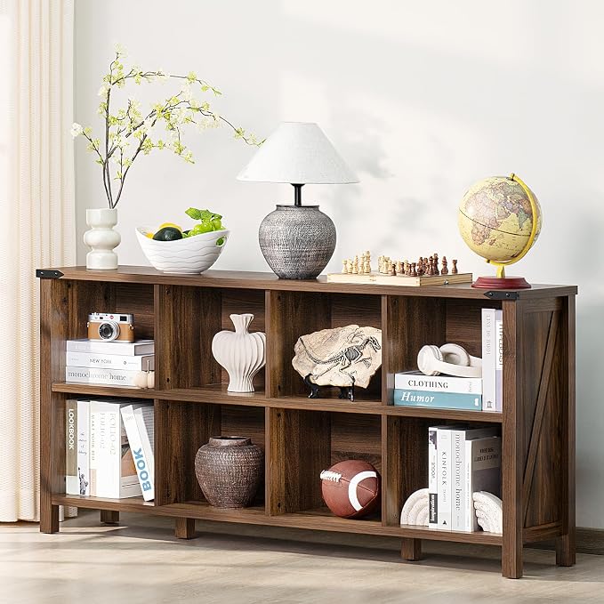 8 Cube Book Shelf, Farmhouse Wood Long Storage Organizer Bookcase, Hallway TV by Joaxswe