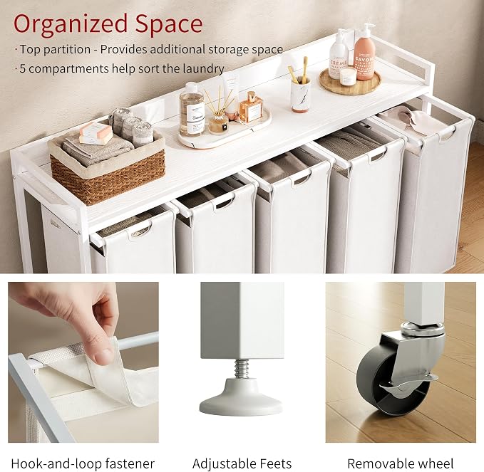 Laundry Hamper with Shelf, Laundry Basket 5 Section, Laundry Sorter with - Image 3