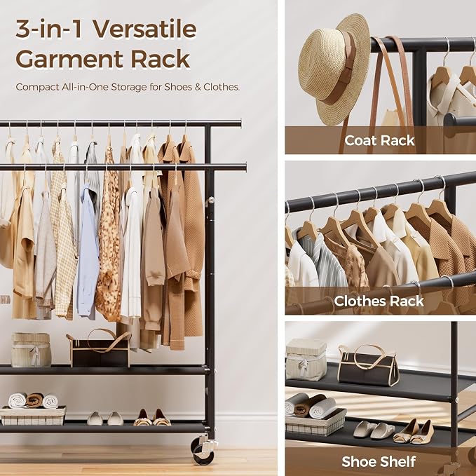 HYSEYY Clothes Rack, Double Rods Rolling Clothing Rack - Image 3