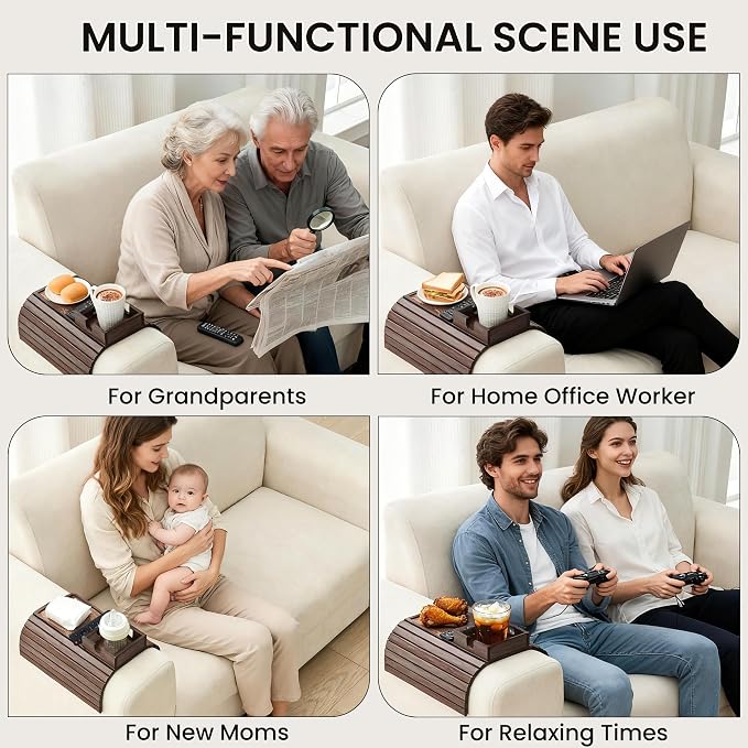Bamboo Sofa Arm Tray Table, Foldable Couch Cup Holder, Anti-Slip Wide Couch Arm - Image 5