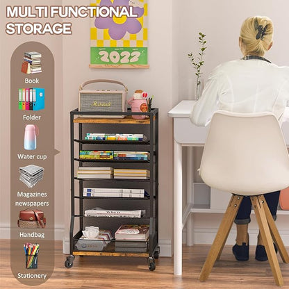 7 Tier Rolling File Cart with Sliding Trays, Wood Metal File Organizer Beside - Image 4