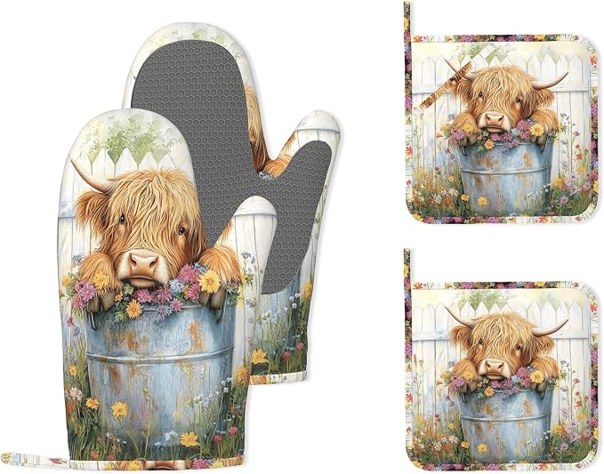 Cute Highland Cow Flowers Garden Heat-Resistant Silicone Oven Mitts and Pot by Unknown