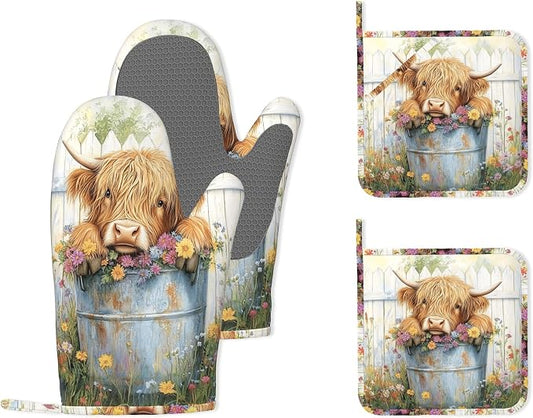 Cute Highland Cow Flowers Garden Heat-Resistant Silicone Oven Mitts and Pot by Unknown