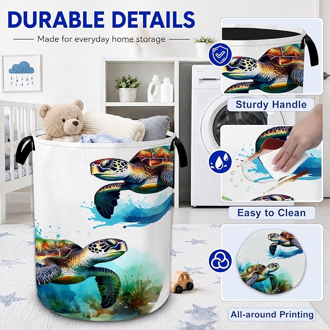 Sea Turtle Watercolor Laundry Basket Foldable Waterproof Oxford Cloth Tote Bag - Image 3
