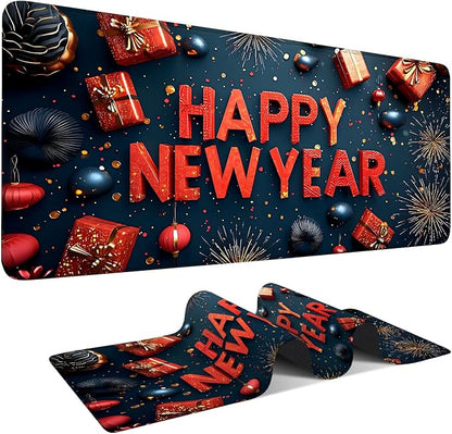 Happy New Year Gaming Mouse Pad 35.4"x15.7"Desk Mat Anti-Slip Rubber Base & by ANNAQUEEN