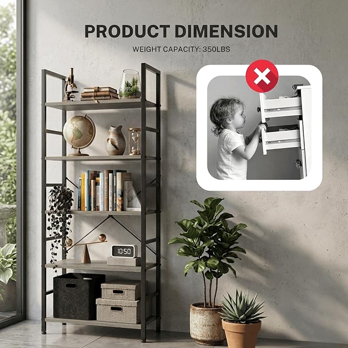 HealSmart 5 Tier Bookshelf, Free Standing Book Shelf Home Office Bookcase Shelf - Image 6