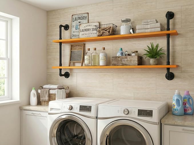 HDDFER Industrial Pipe Shelving Shelf Rustic Wood Wall Shelves Industrial - Image 3