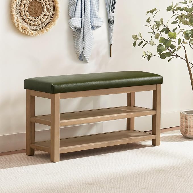 Zihanhome Shoe Rack Bench with Leather Cushion, 2 Tier Solid Wood Storage Bench - Image 3