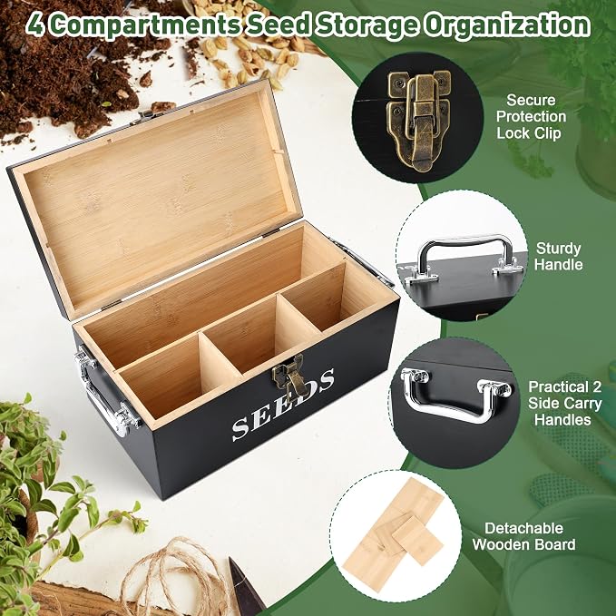 Coolrunner Wood Seed Saving Box, Seed Storage Organizer Case, Seed Packet - Image 3