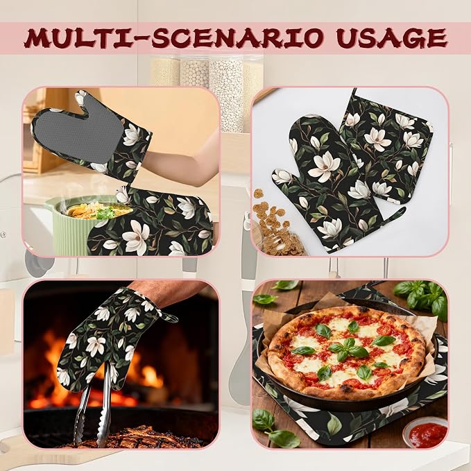 White Magnolia Oven Mitts and Pot Holders, Heat Resistant Non-Slip Silicone - Image 6