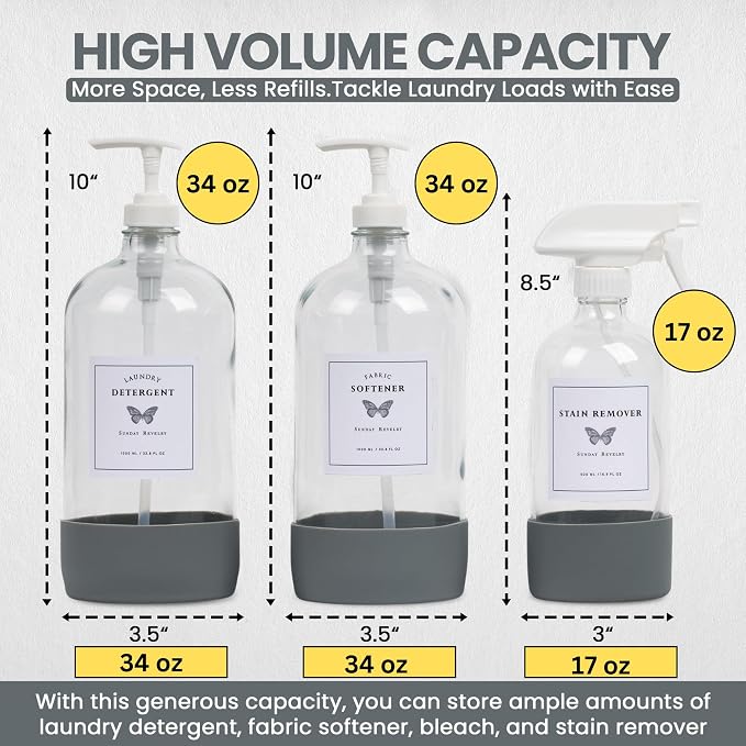 Glass Laundry Dispenser Set w/Silicone Base, 2x 34 oz & 1x 17 oz Pump Dispensers - Image 3