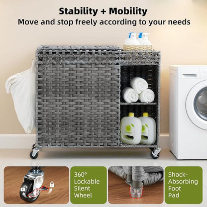 Laundry Hamper with Lid, 160L Rattan Wicker Laundry Basket with Wheels - Image 7