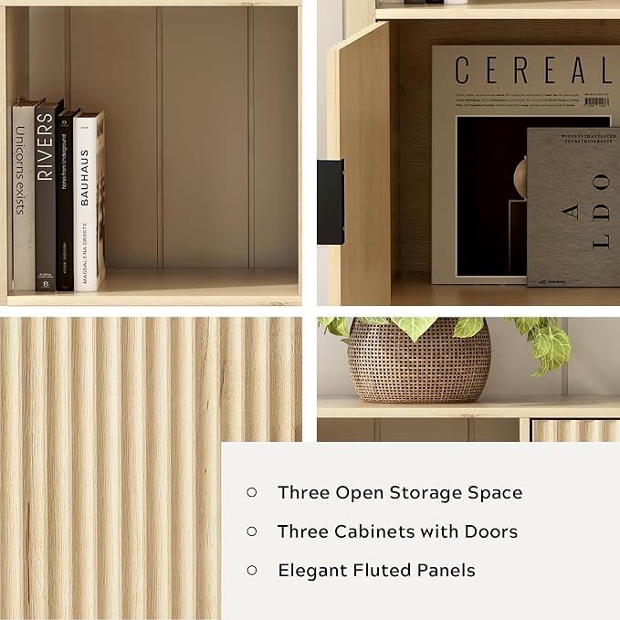 Fluted Storage Bookshelf Set of 2, Modern Wood Floor 6 Cube Bookcase - Image 2