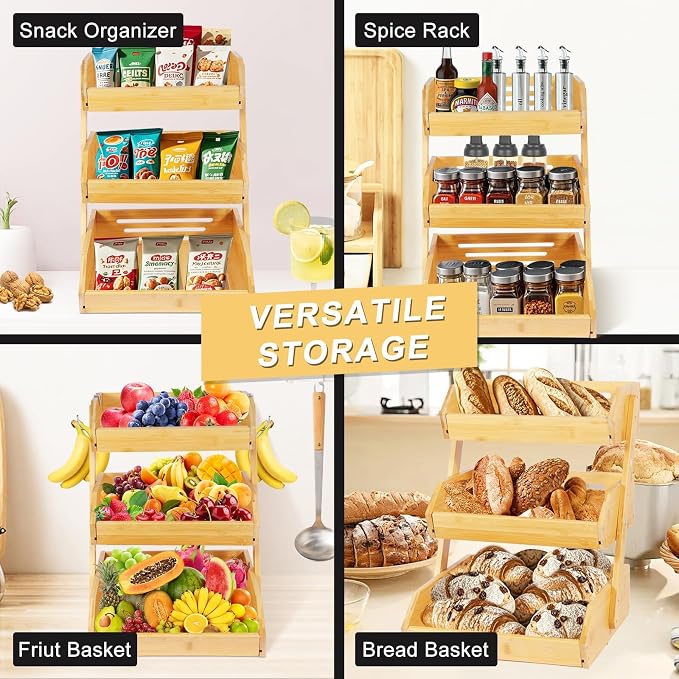 Bamboo Fruit Basket 3 Tier for Kitchen Counter, Assemble Display Stand for - Image 5