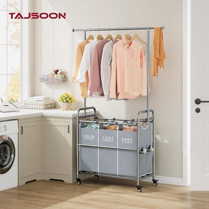 Tajsoon Laundry Sorter with Hanging Bar, 3 Section Rolling Laundry Hamper with - Image 2