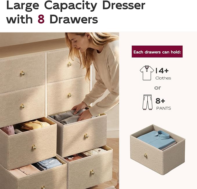 WLIVE Beige Boucle 8-Drawer Fabric Dresser Storage Tower Bedroom | Boucle - Image 5