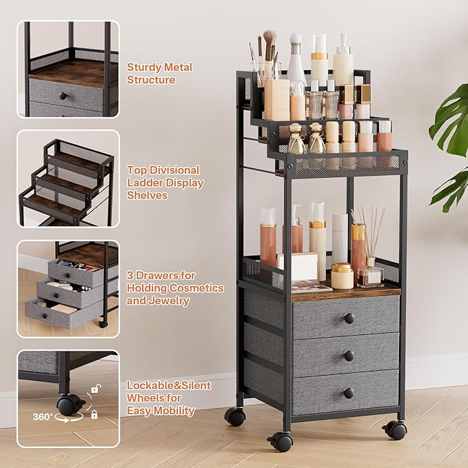 Display Riser Stand Perfume Cologne Organizer, 13in Rolling Makeup Storage Cart - Image 4