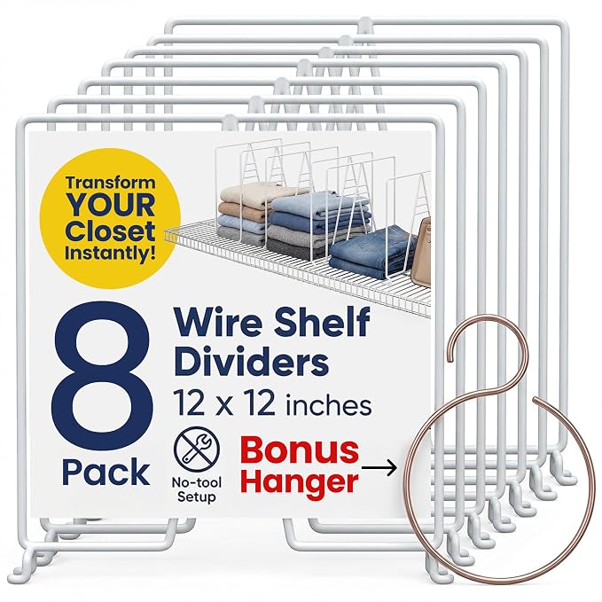 White Wire Shelf Dividers for Closet Organization – 8-Pack – Sturdy and Easy by NeatlyMade