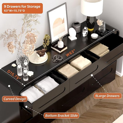Dresser for Bedroom with 9 Drawers, Wood Closet Clothes Storage Long Dressers - Image 3