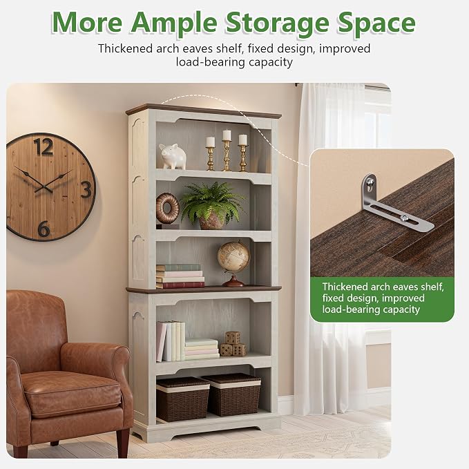 70 Inch Farmhouse Bookcase, Distressed White and Walnut Two-Tone Shelves - Image 4