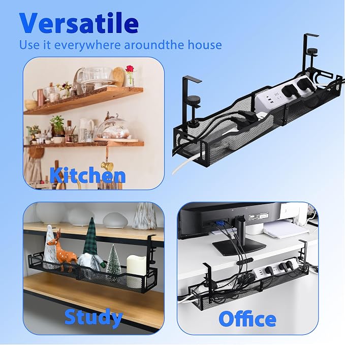 Under Desk Cable Management Tray 25.3 Inch, Clamp-On Cable Organizer Box - Image 6