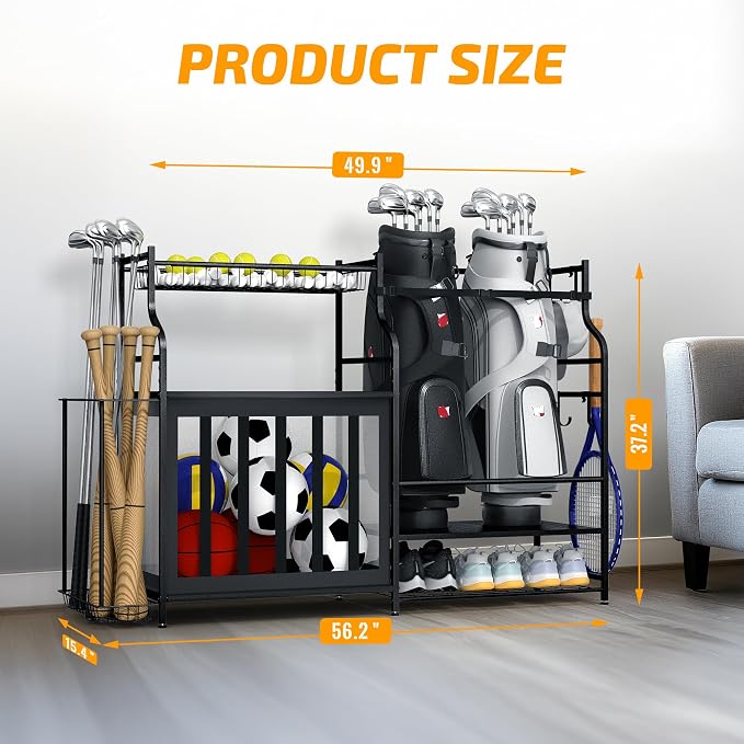 PLKOW Sports Equipment Organizer Rack, Garage Ball Rack, 2 Golf Bag Storage and - Image 6