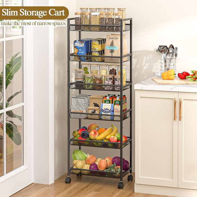 6 Tier Slim Rolling Storage Cart, Narrow Mobile Shelving Unit Organizer Utility - Image 5