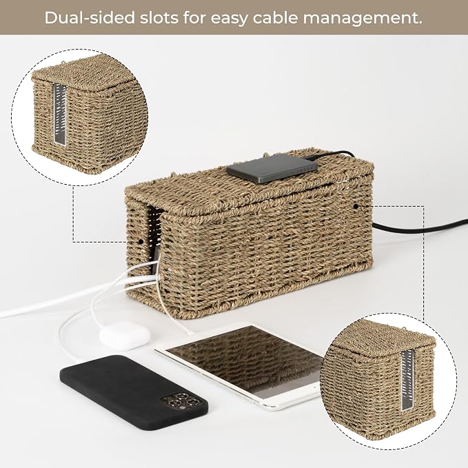 StorageWorks Cable Management Box, 2 Slots Wicker Cable Organizer to Hide Cords - Image 3