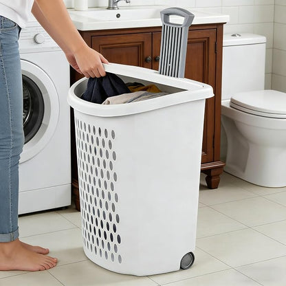White Lalaundry Basket with Wheels and Lid, Portable Laundry Basket, Durable - Image 8