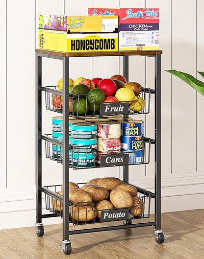 4-Tier Small Kitchen Storage Cart on Wheels, Metal Fruit Basket Stand - Image 6
