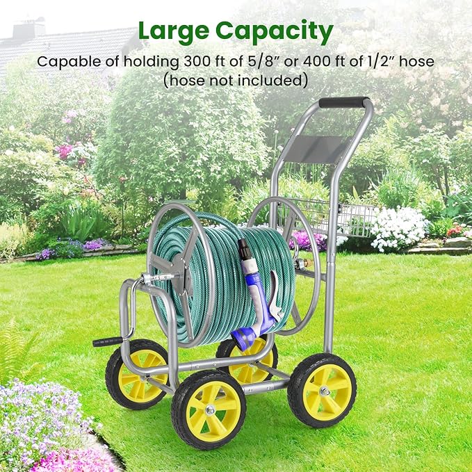 Goplus Garden Hose Reel Cart, 300 ft 5/8" or 400 ft 1/2", Heavy-Duty Metal Hose - Image 2