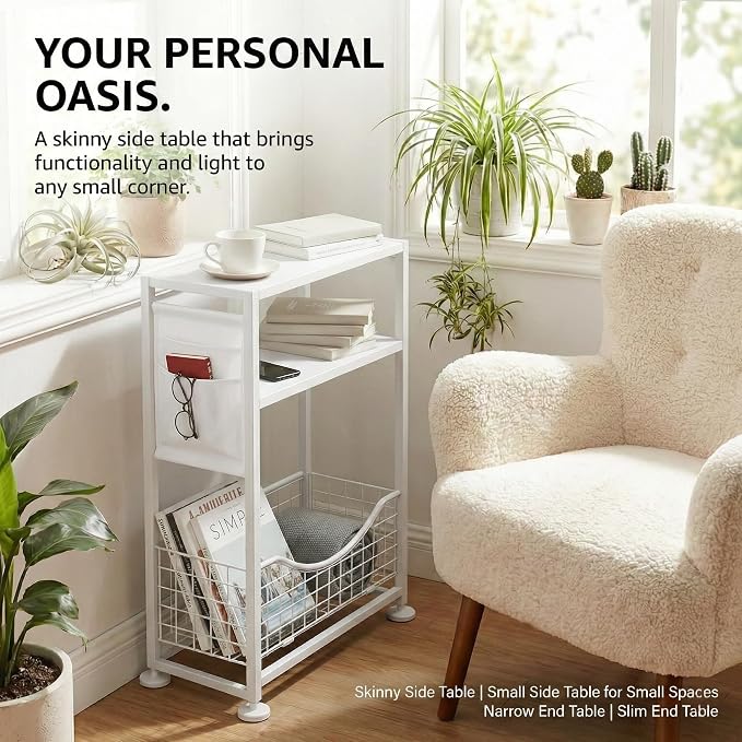 Skinny Side Table with Storage, 3 Tier Slim Side Tables - Image 9