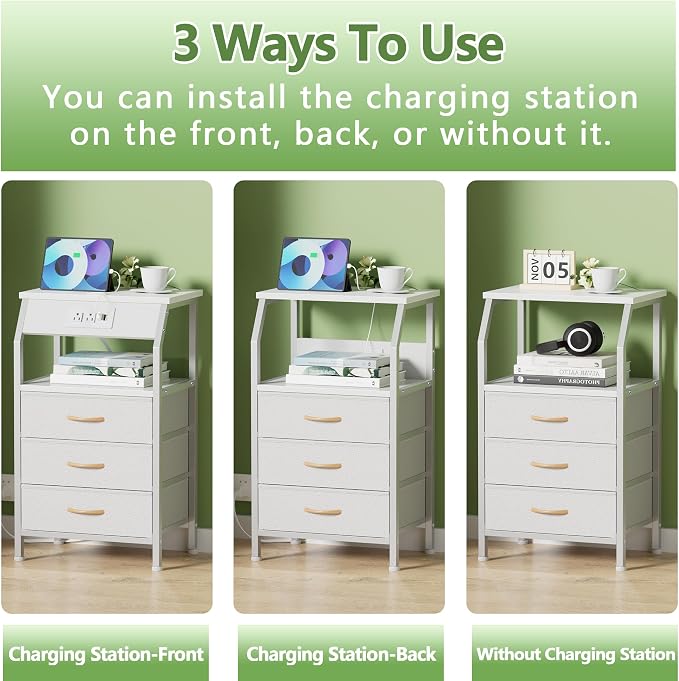 Furnulem White Nightstand with Charging Station, 3 Drawers Bedside Table | 28.3 - Image 6