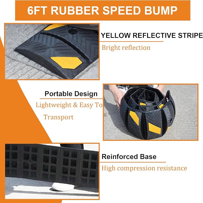 OrangeStar 6Ft Portable Rubber Speed Bump, Heavy Duty Speed Hump w/Reflective - Image 3
